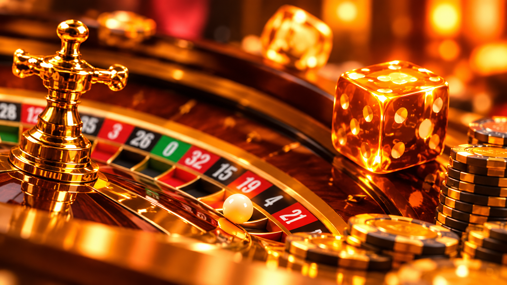 Roulette wheel, dice and chips illustrating casino bonus conditions